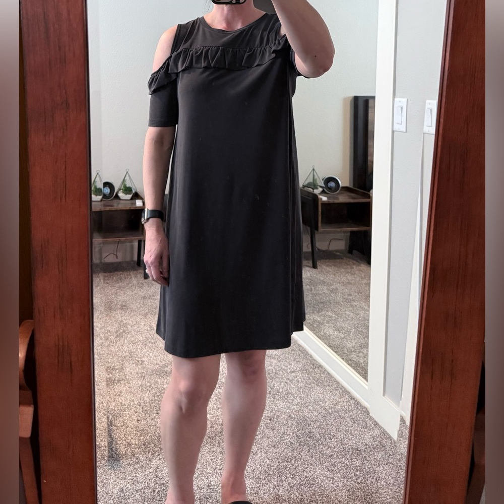 LOFT Black Dress with Cut-Out Shoulders and Ruffle Detail. Size M - LIKE NEW
